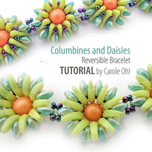 May include: A close-up of a beaded bracelet with alternating flower designs. The flowers are made with light green, turquoise, and orange beads. The bracelet is reversible and has a tutorial by Carole Ohl.