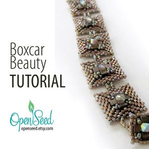May include: A close-up of a beaded bracelet with a boxcar design. The bracelet is made with brown and iridescent beads. The text "Boxcar Beauty TUTORIAL" is visible in the image.