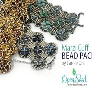 May include: Three beaded bracelets in gold, silver, and turquoise colors. The bracelets are made with small seed beads and have a clasp closure. The image includes the text "Marzi Cuff BEAD PACKS by Carole Ohl" and the logo "OpenSeed openseed.etsy.com".