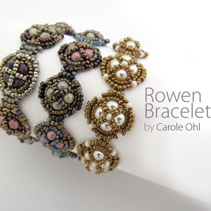 May include: Three beaded bracelets with different color schemes. The bracelets are made with small, round beads in shades of brown, gold, white, pink, and green. The bracelets are arranged in a wave pattern, with the gold and white bracelet on top. The text "Rowen Bracelet by Carole Ohl" is printed on a white background.