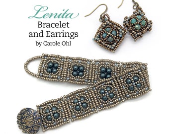 May include: A beaded bracelet and earrings set in a gold and teal color scheme. The bracelet is made with small seed beads and features a square pattern. The earrings are also square shaped and feature a similar pattern. The set is labeled "Lemita Bracelet and Earrings by Carole Ohl."