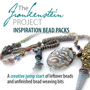 May include: Image features beaded jewelry and the text "The Frankenstein Project Inspiration Bead Packs." The jewelry includes necklaces and pendants in various colors, including blue, brown, and red. The text below reads "A creative jump start of leftover beads and unfinished bead weaving bits."