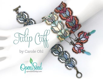 Tulip Cuff and Earring Bead Weaving Tutorial by Carole Ohl, featuring Bridges, Navettes, Paisley