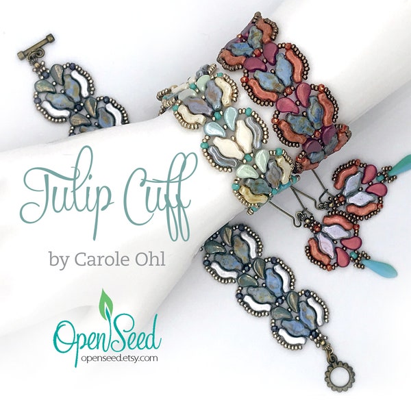 Tulip Cuff and Earring Bead Weaving Tutorial by Carole Ohl, featuring Bridges, Navettes, Paisley