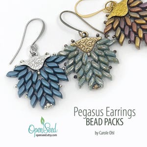 May include: Close-up of three pairs of Pegasus earrings. Each earring features a beaded design in shades of blue, green, and gold. The earrings have decorative metal accents and are displayed on a white background. The text "Pegasus Earrings BEAD PACKS" is visible.
