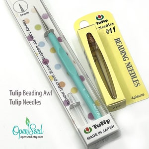 Tulip Brand Beading Needles Size 11, 4-pack, and single Beading Awl, essential quality tools for bead weavers