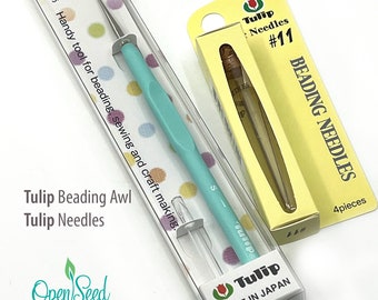 Tulip Brand Beading Needles Size 11, 4-pack, and single Beading Awl, essential quality tools for bead weavers