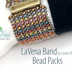 May include: A close-up of a colorful beaded bracelet with a gold clasp. The bracelet is on a white surface with the text "LaVena Band by Carole Ohl Bead Packs".