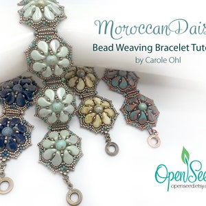 May include: Several Moroccan Daisy bead weaving bracelets in various colors, including blue, green, and tan. Each bracelet features a floral design with a central bead and petal-shaped beads. The bracelets are connected by smaller beads and metal findings.