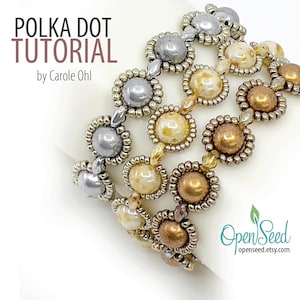 May include: A close-up of a beaded bracelet with three rows of polka dot beads in silver, gold, and cream colors. The bracelet is made with seed beads and larger round beads. The text "POLKA DOT TUTORIAL by Carole Ohl" is visible in the image.