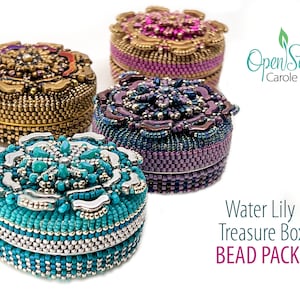 May include: Four beaded treasure boxes in shades of gold, purple, teal, and blue. The boxes have intricate floral designs on the lids and are labeled "Water Lily Treasure Box BEAD PACKS". The boxes are round and appear to be handmade.