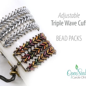 May include: Two adjustable triple wave cuff bracelets. One is silver-toned, the other is a mix of bronze, green, and purple. The bracelets are made of small, leaf-shaped beads. The image includes the text "Adjustable Triple Wave Cuff" and "BEAD PACKS".