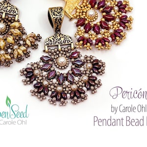 May include: Three beaded pendants with ornate metal clasps. The pendants are in shades of gold, brown, and burgundy. The text "Pericón by Carole Ohl Pendant Bead Packs" is visible in the image.