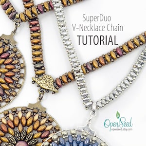 May include: Close-up of SuperDuo V-Necklace Chain tutorial. The image features several beaded necklaces in shades of gold, bronze, and silver. The necklaces have intricate designs and are displayed on a white background. The text "SuperDuo V-Necklace Chain TUTORIAL" is visible.