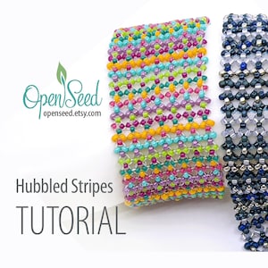 May include: Two beaded bracelets, one with colorful stripes and the other with a black and silver pattern. The bracelets are made with small seed beads and are shown on a white background. The text "Hubbled Stripes TUTORIAL" is below the bracelets.