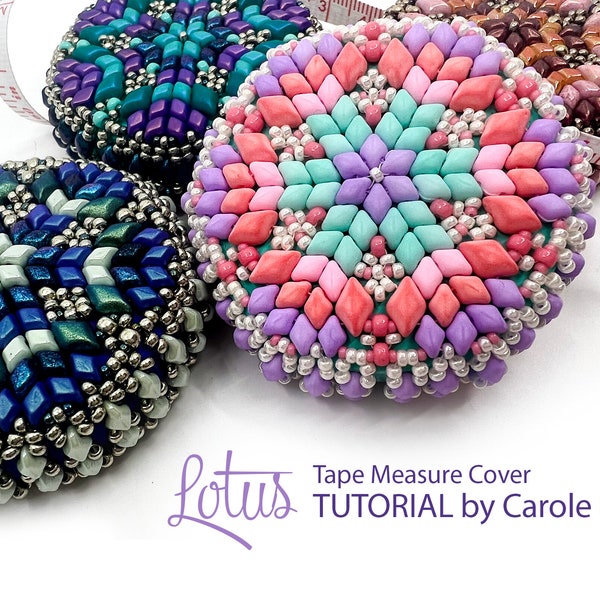 Lotus Beaded Tape Measure Cover featuring Mini GemDuos Tutorial by Carole Ohl