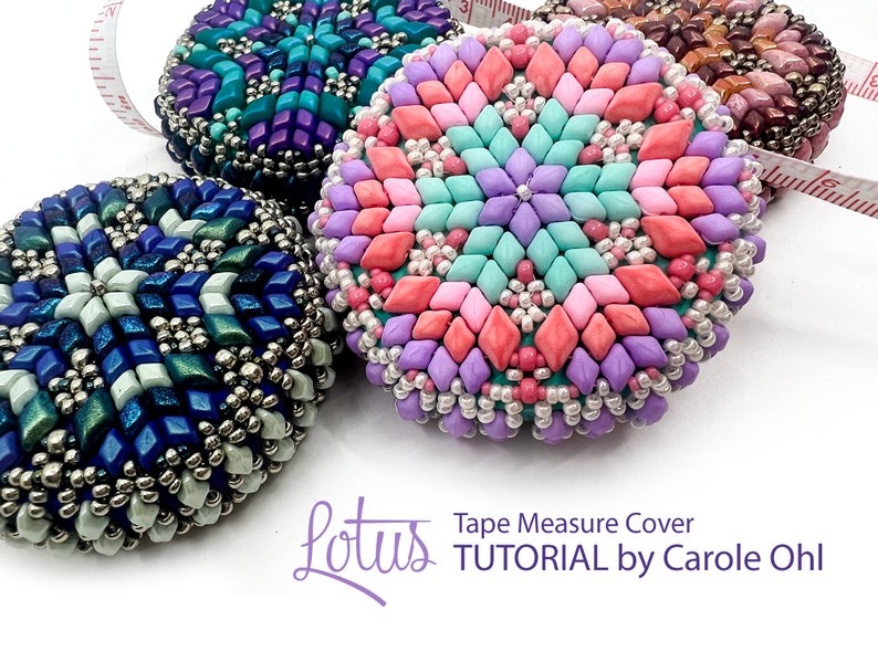 Lotus Beaded Tape Measure Cover featuring Mini GemDuos Tutorial by Carole Ohl image 1