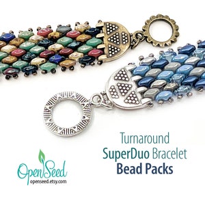 May include: Two beaded bracelets with silver and bronze clasps. The bracelets are made with SuperDuo beads and feature a geometric pattern. The text "Turnaround SuperDuo Bracelet Bead Packs" is visible below the bracelets.