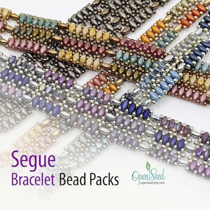 May include: A collection of colorful beaded bracelets in various shades of purple, blue, green, brown, and gold. The bracelets are arranged in a criss-cross pattern and feature a variety of seed beads. The text "Segue Bracelet Bead Packs" is visible at the bottom of the image.