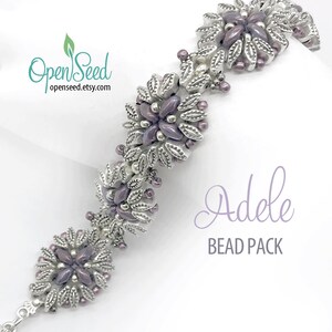 May include: A silver and purple beaded bracelet with a floral design. The bracelet is labeled "Adele Bead Pack".