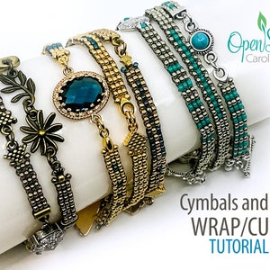 May include: A set of five beaded bracelets with different colored beads and metal accents. The bracelets are stacked on a white surface. The text "Cymbals and Bits WRAP/CUFF TUTORIAL" is visible at the bottom of the image.