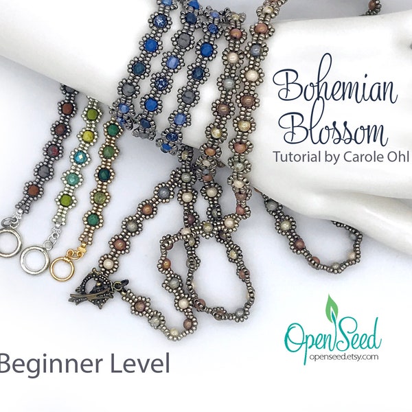 Bohemian Blossom Beaded Wrap Bracelet with firepolish beads and seed beads Tutorial by Carole Ohl Beginner Level