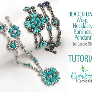 May include: A close-up of beaded jewelry, including a necklace and bracelet, featuring turquoise and silver beads. The necklace has a floral pendant. The image also includes text that reads "BEADED LINKS Wrap, Necklace, Earrings, Pendant by Carole Ohl TUTORIAL".