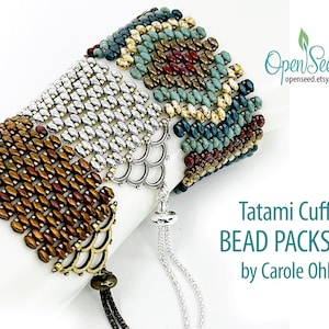 May include: A close-up of a beaded bracelet with a silver clasp and a tassel. The bracelet is made of small, colorful beads in a geometric pattern. The text "Tatami Cuff BEAD PACKS by Carole Ohl" is visible in the image.