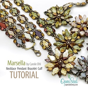 May include: A beaded necklace, bracelet, and pendant set in shades of brown, green, and white. The set features a floral design and is labeled "Marsella by Carole Ohl Necklace Pendant Bracelet Cuff TUTORIAL".