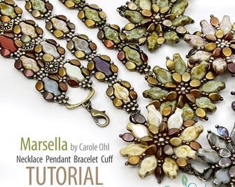 Marsella Bead Weaving Tutorial for Necklace, Pendant, Chain or Cuff by Carole Ohl, featuring Pinch Beads, 3-hole Navettes, Cymbals