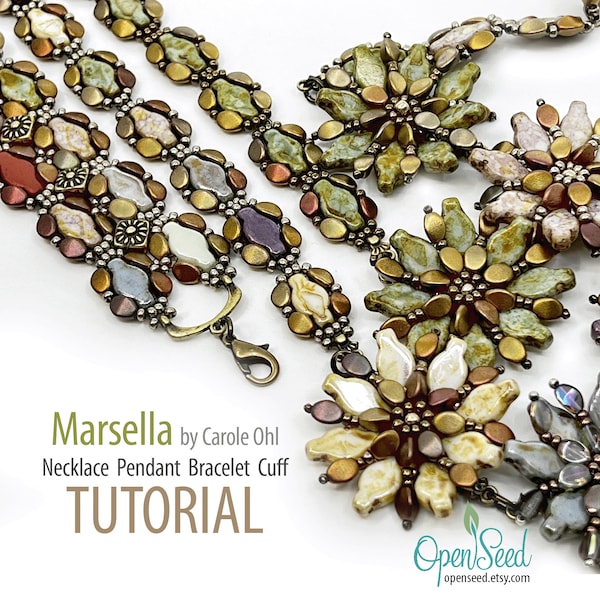 Marsella Bead Weaving Tutorial for Necklace, Pendant, Chain or Cuff by Carole Ohl, featuring Pinch Beads, 3-hole Navettes, Cymbals