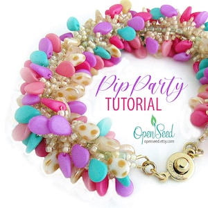 May include: A vibrant beaded bracelet with pastel pink, purple, and turquoise beads. The bracelet has a gold clasp and the text "Pip Party Tutorial" is visible. The design includes small, cream-colored beads.