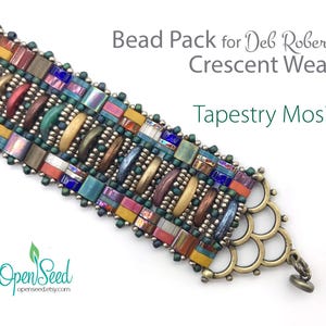 May include: A beaded bracelet featuring a multi-colored pattern of rectangular and crescent-shaped beads in shades of blue, red, gold, and bronze, accented with small dark green seed beads and a brass-toned metal clasp. Text reads: Bead Pack for Deb Roberti's Crescent Weave Tapestry Mosiac.