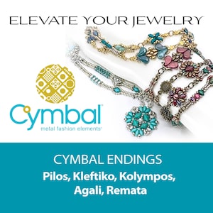 May include: A close-up of a variety of jewelry pieces, including necklaces and bracelets, made with turquoise, silver, and gold beads. The jewelry is arranged on a white background with the text "Cymbal" and "metal fashion elements" below. The text "ELEVATE YOUR JEWELRY" is at the top of the image. The text "CYMBAL ENDINGS" is at the bottom of the image, along with the text "Pilos, Kleftiko, Kolympos, Agali, Remata".