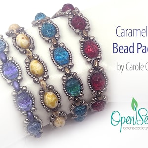 May include: Four bracelets made with colorful glass beads and silver-toned metal beads. The bracelets are arranged in a stack, with the red bracelet on top and the blue bracelet on the bottom. The bracelets are labeled "Caramella Bead Packs by Carole Ohl" and "OpenSeed openseed.etsy.com".