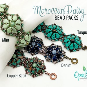 May include: Three beaded bracelets in mint, turquoise, and copper batik colors. Each bracelet features a Moroccan Daisy design with a central flower surrounded by smaller beads. The bracelets are labeled "Mint", "Turquoise", and "Copper Batik". The text "Moroccan Daisy Bead Packs" is at the top of the image.
