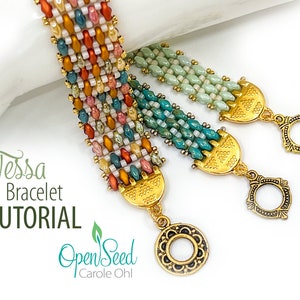 May include: Three beaded bracelets in various colors: multi-colored, teal, and light green. Each bracelet features a gold clasp. The text "Tessa Bracelet TUTORIAL" is visible in the image, along with the Open Seed logo.