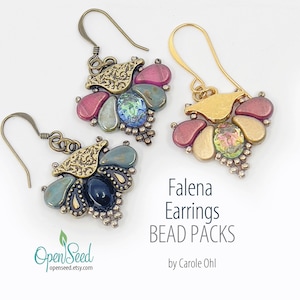 May include: Three pairs of Falena earrings with intricate beadwork. The earrings feature a mix of colors, including pink, blue, and gold, with a decorative metal base. The text "Falena Earrings BEAD PACKS" is visible.