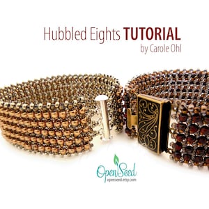 May include: Two beaded bracelets with a silver and copper color scheme and a brown and burgundy color scheme. The bracelets are made with seed beads and have a decorative clasp. The bracelets are displayed on a white background with the text "Hubbled Eights TUTORIAL by Carole Ohl" above them.
