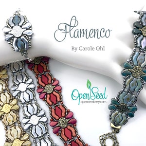 May include: Four beaded bracelets with a floral design. The bracelets are in shades of gold, silver, and red. The bracelets are on a white mannequin arm. The text "Flamenco By Carole Ohl" is in the background. The text "OpenSeed openseed.etsy.com" is in the lower right corner.