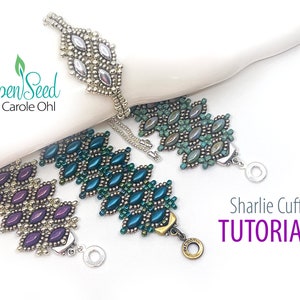 May include: Three beaded bracelets in different colour combinations, including silver, purple, and green. The bracelets are made with seed beads and feature a geometric pattern. The image includes the text "Sharlie Cuff TUTORIAL".