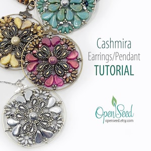 May include: Close-up of several handmade pendants and earrings. The jewelry features intricate floral designs with various colored beads, including yellow, pink, teal, and silver. The text "Cashmira Earrings/Pendant TUTORIAL" is visible, along with the Open Seed logo.