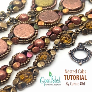 May include: A close-up of a beaded bracelet with a copper and gold color scheme. The bracelet features a repeating pattern of round beads and small, faceted beads. The bracelet is finished with a copper clasp. The text "Nested Cabs TUTORIAL By Carole Ohl" is visible in the image.