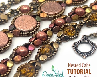 Nested Cabs Beaded Bracelet Tutorial by Carole Ohl, featuring two-hole cabochons, Pinch beads, seed beads and Cymbal ends.