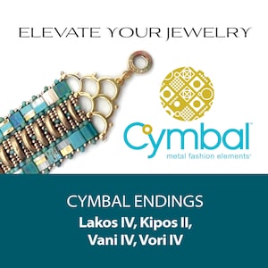 May include: A turquoise blue background with the text "ELEVATE YOUR JEWELRY" in white. A gold metal bracelet with turquoise blue and white beads is shown on the left side of the image. On the right side of the image is a gold logo with the text "Cymbal" in white and the text "metal fashion elements" in black. Below the logo is the text "CYMBAL ENDINGS" in white, followed by the text "Lakos IV, Kipos II, Vani IV, Vori IV" in white.