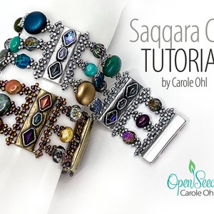 Saqqara Cuff bead weaving tutorial by Carole Ohl, featuring Cymbal Gerakari connectors and Cymbal Axos III clasp