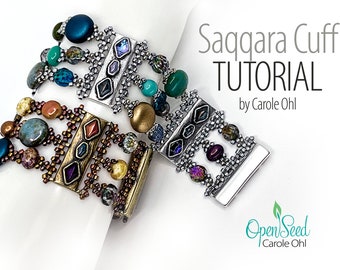 Saqqara Cuff bead weaving tutorial by Carole Ohl, featuring Cymbal Gerakari connectors and Cymbal Axos III clasp