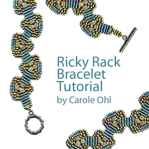 May include: A close-up of a beaded bracelet with a ricky rack design. The bracelet is made with a variety of colors, including gold, green, and blue. The bracelet is shown on a white background. The text "Ricky Rack Bracelet Tutorial by Carole Ohl" is displayed in the center of the image.