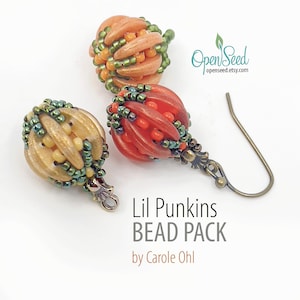 May include: Three beaded pumpkin earrings in shades of orange, red, and gold. The earrings have a detailed, textured design with green and gold accents. The text "Lil Punkins BEAD PACK by Carole Ohl" is visible.