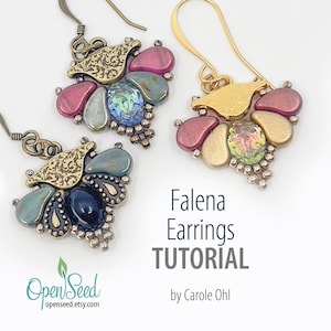 May include: Close-up of three pairs of Falena earrings. The earrings feature a cluster of colorful beads in shades of pink, blue, and gold, with ornate metalwork. The text "Falena Earrings TUTORIAL" is visible.